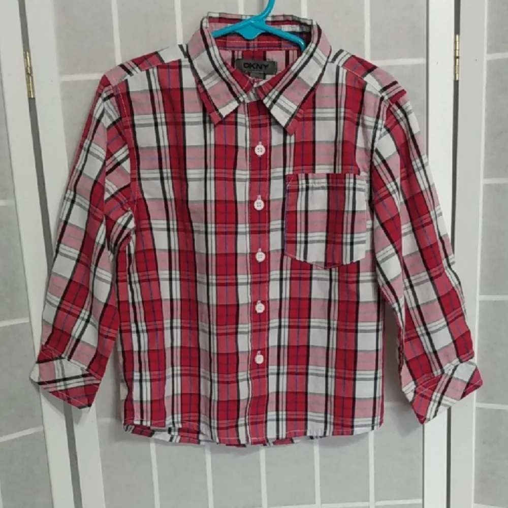 DKNY Kids Red and White Plaid Button Down Shirt 3T Long Roll Tab Sleeves‎